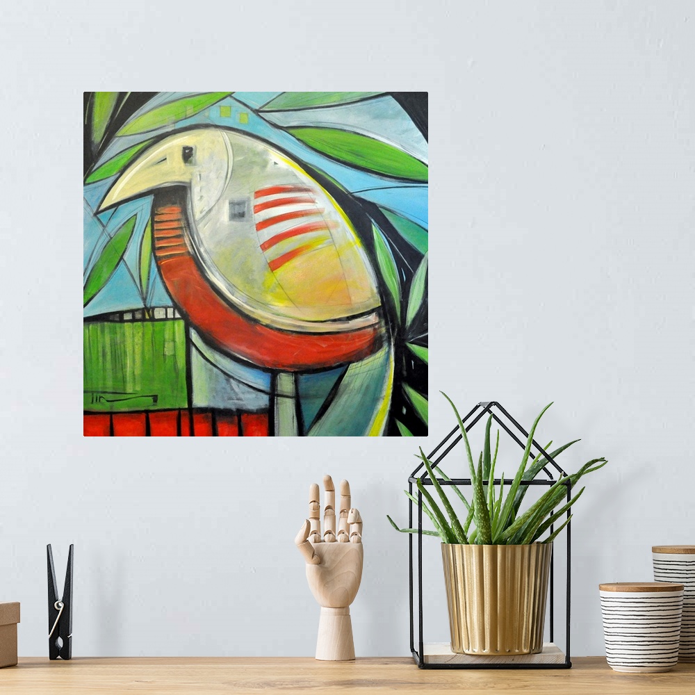A bohemian room featuring Square, giant abstract painting of a colorful bird surrounded by leaves.  The entire image is com...