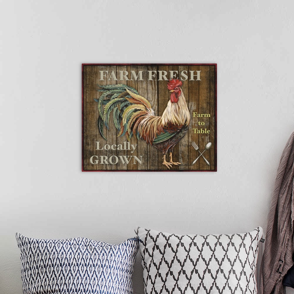 A bohemian room featuring Contemporary folk art of a rooster against a rustic wooden background.