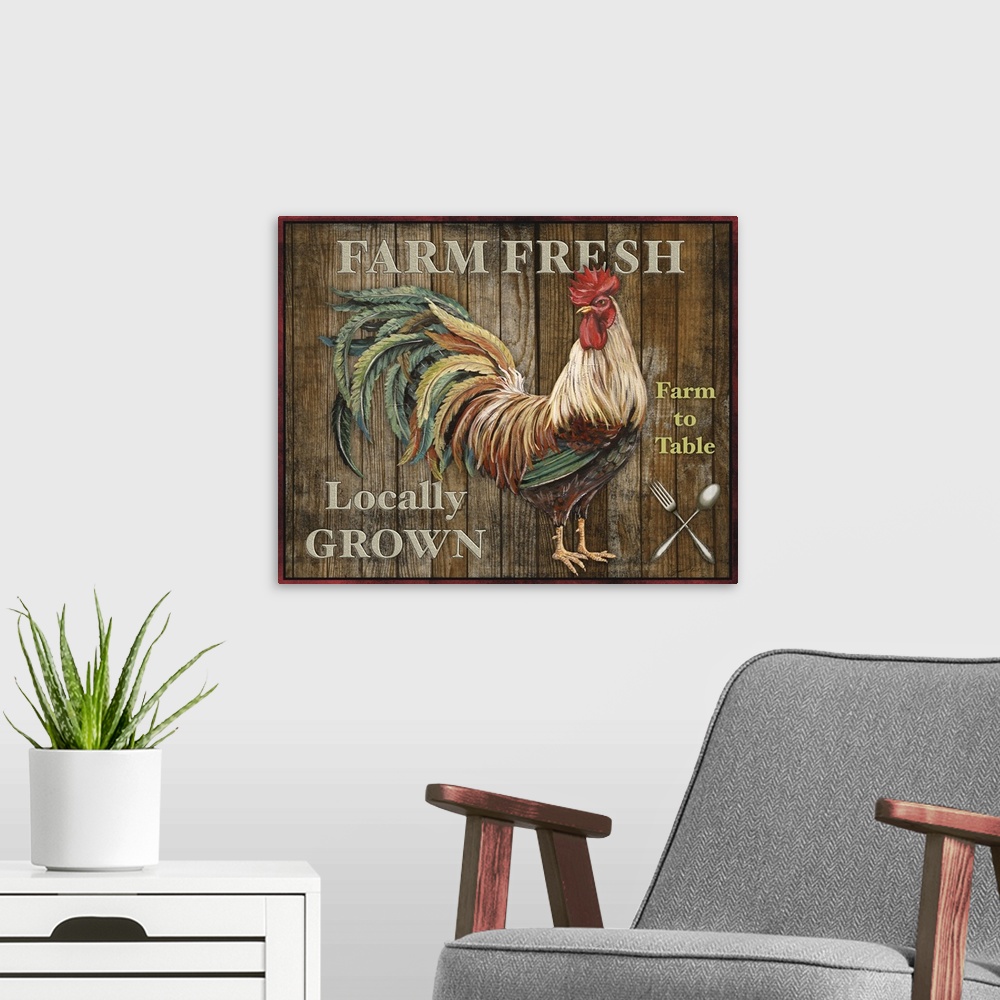 A modern room featuring Contemporary folk art of a rooster against a rustic wooden background.