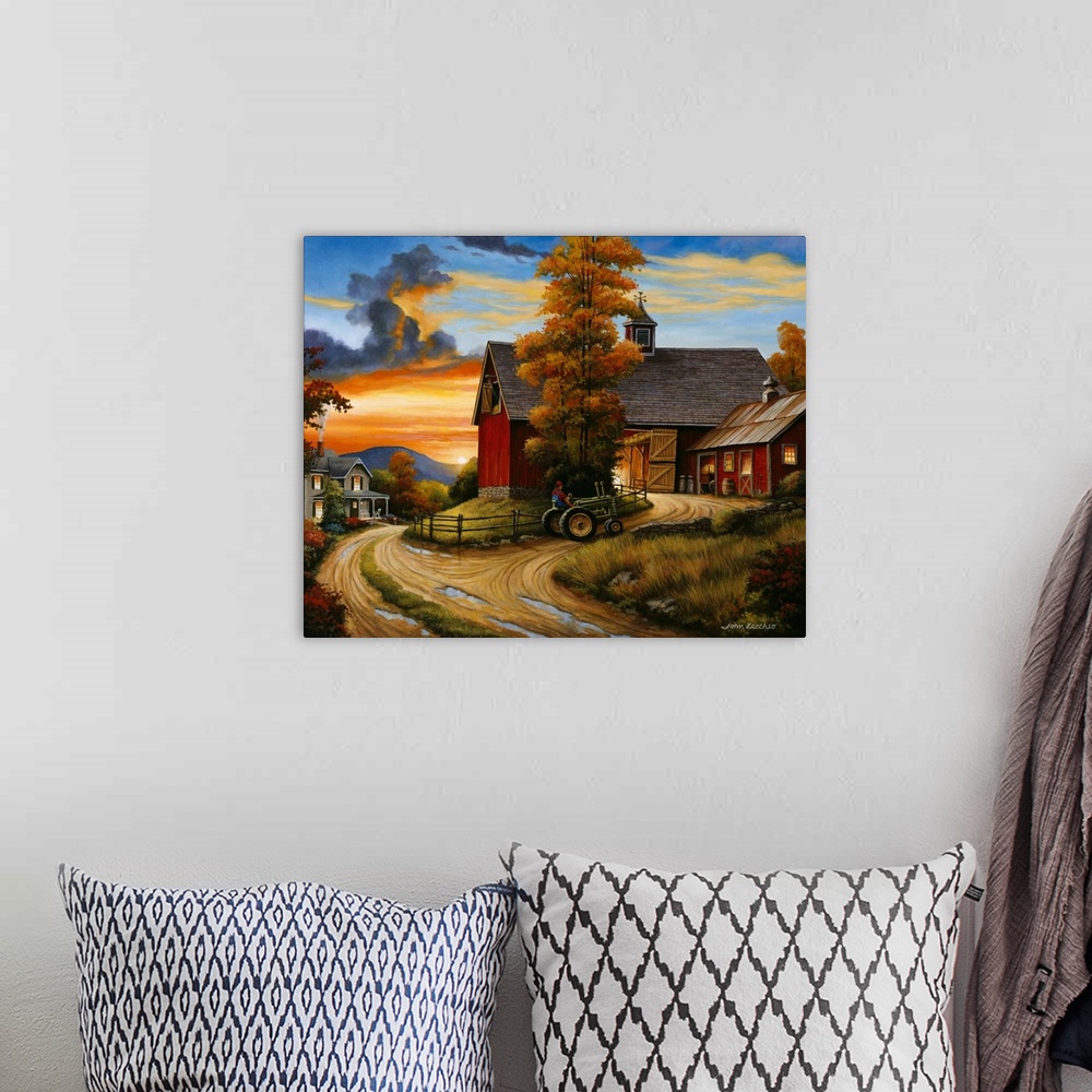 A bohemian room featuring Sun setting on farm. Man drives tractor up the hill towards the barn.