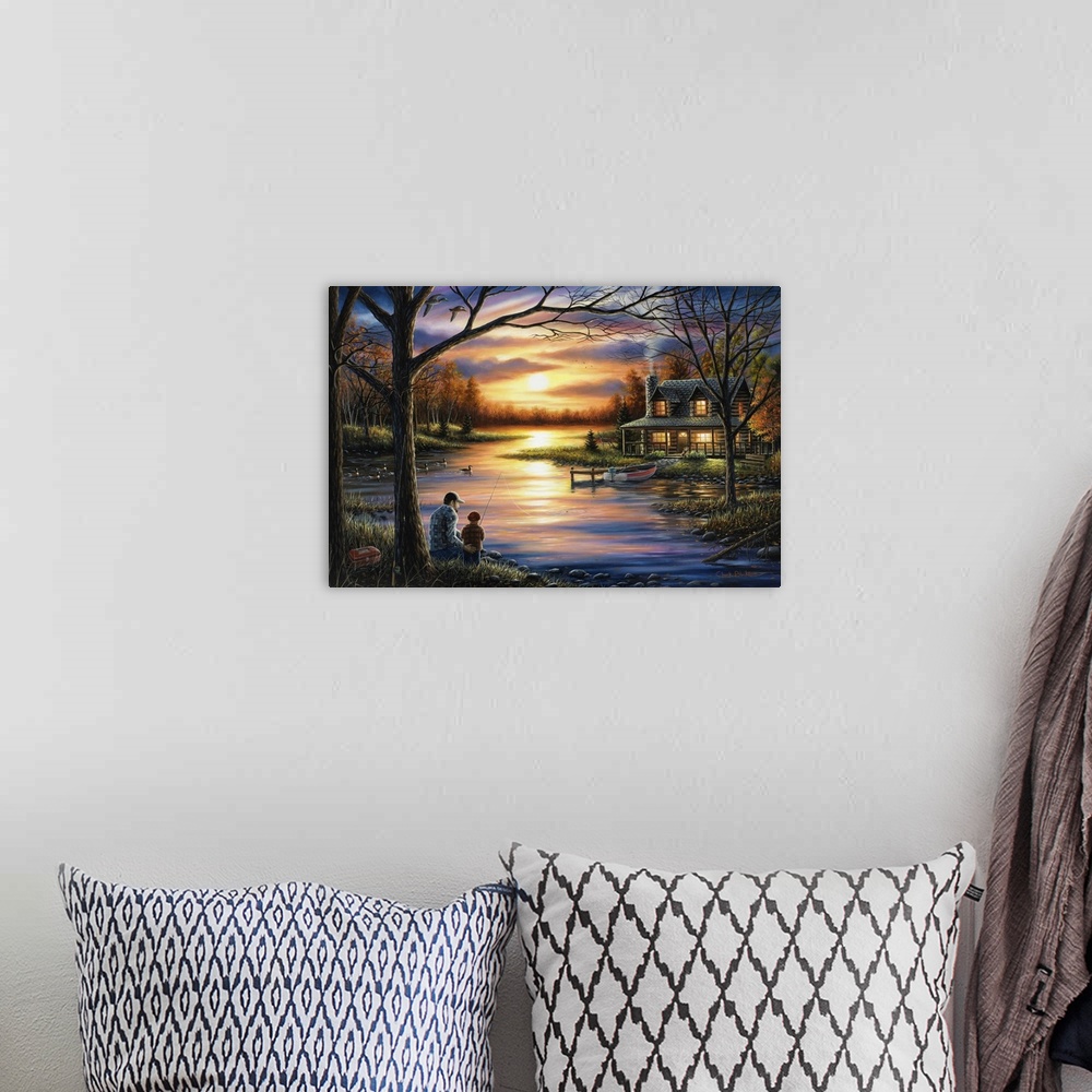 A bohemian room featuring Contemporary landscape painting of a father and sun fishing at sunset with a cabin in the backgro...