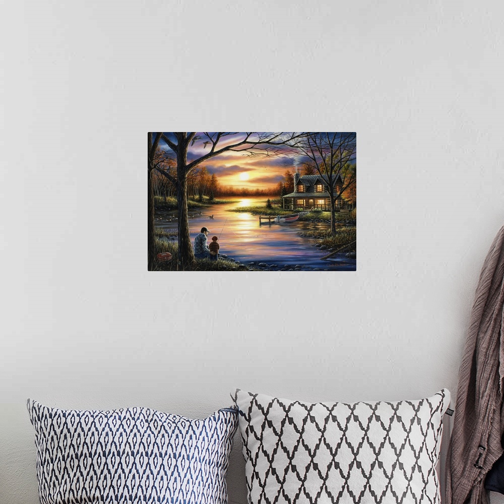 A bohemian room featuring Contemporary landscape painting of a father and sun fishing at sunset with a cabin in the backgro...