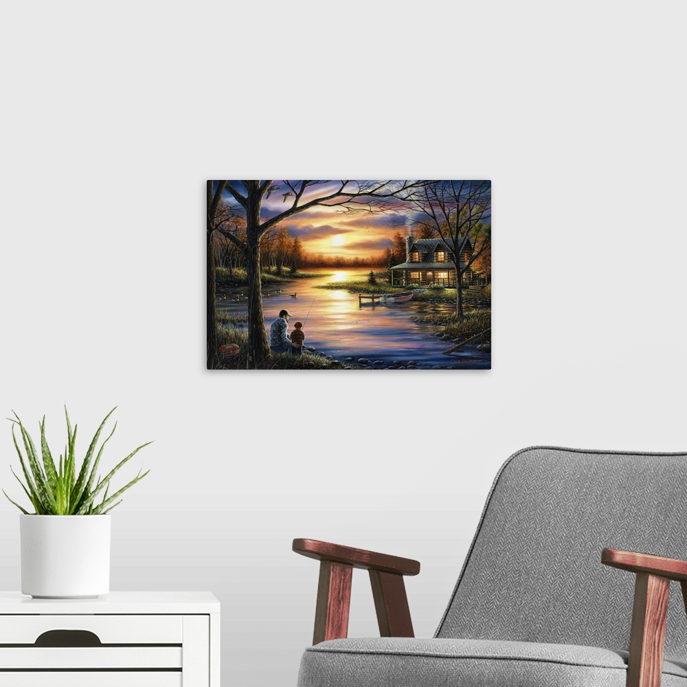 A modern room featuring Contemporary landscape painting of a father and sun fishing at sunset with a cabin in the backgro...