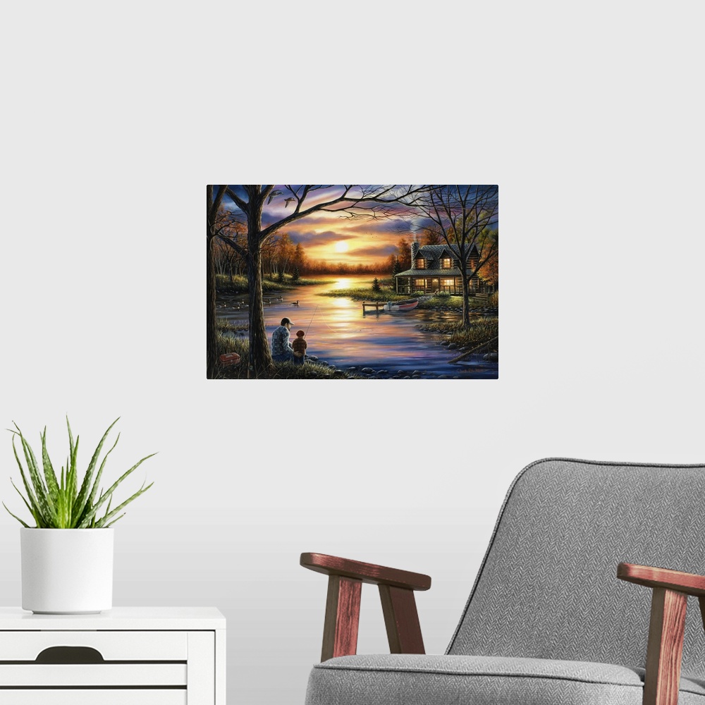 A modern room featuring Contemporary landscape painting of a father and sun fishing at sunset with a cabin in the backgro...