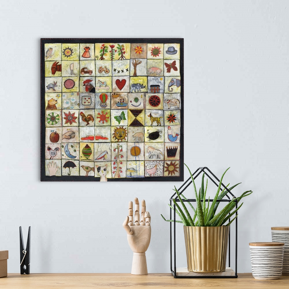 A bohemian room featuring Lighthearted contemporary painting of a patchwork of different images compiled together.
