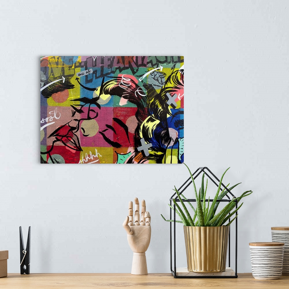 A bohemian room featuring Pop art composed of comic illustrations and bold text, reminiscent of Lichtenstein, of a couple k...