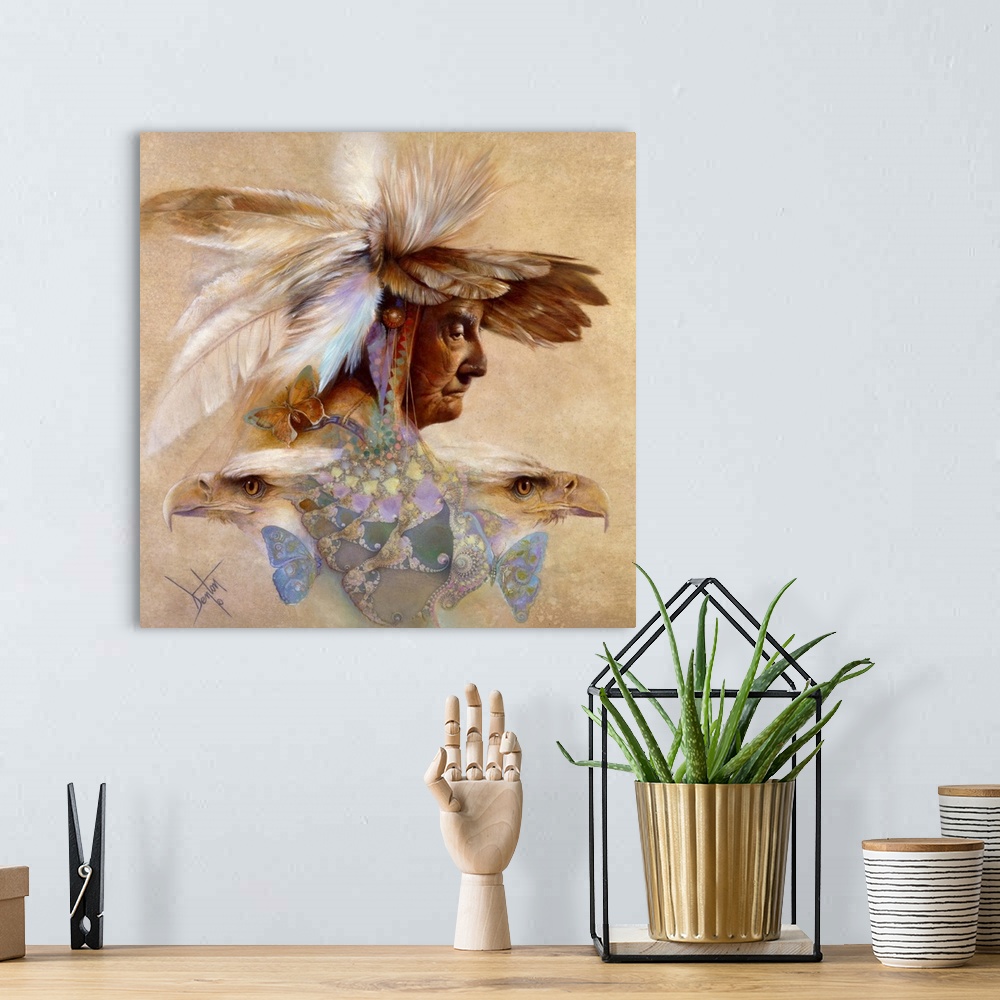 A bohemian room featuring A contemporary painting of an elderly Native American man wearing an elaborate feathered headdres...