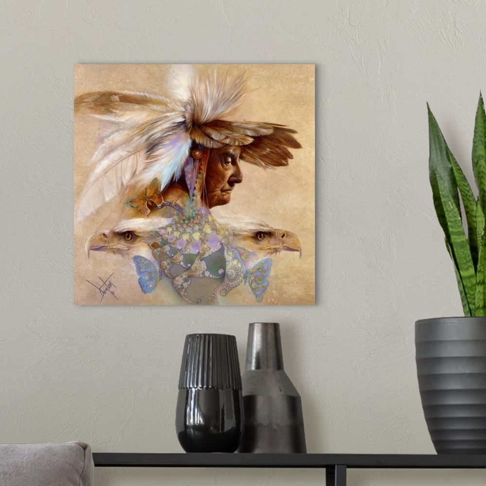 A modern room featuring A contemporary painting of an elderly Native American man wearing an elaborate feathered headdres...