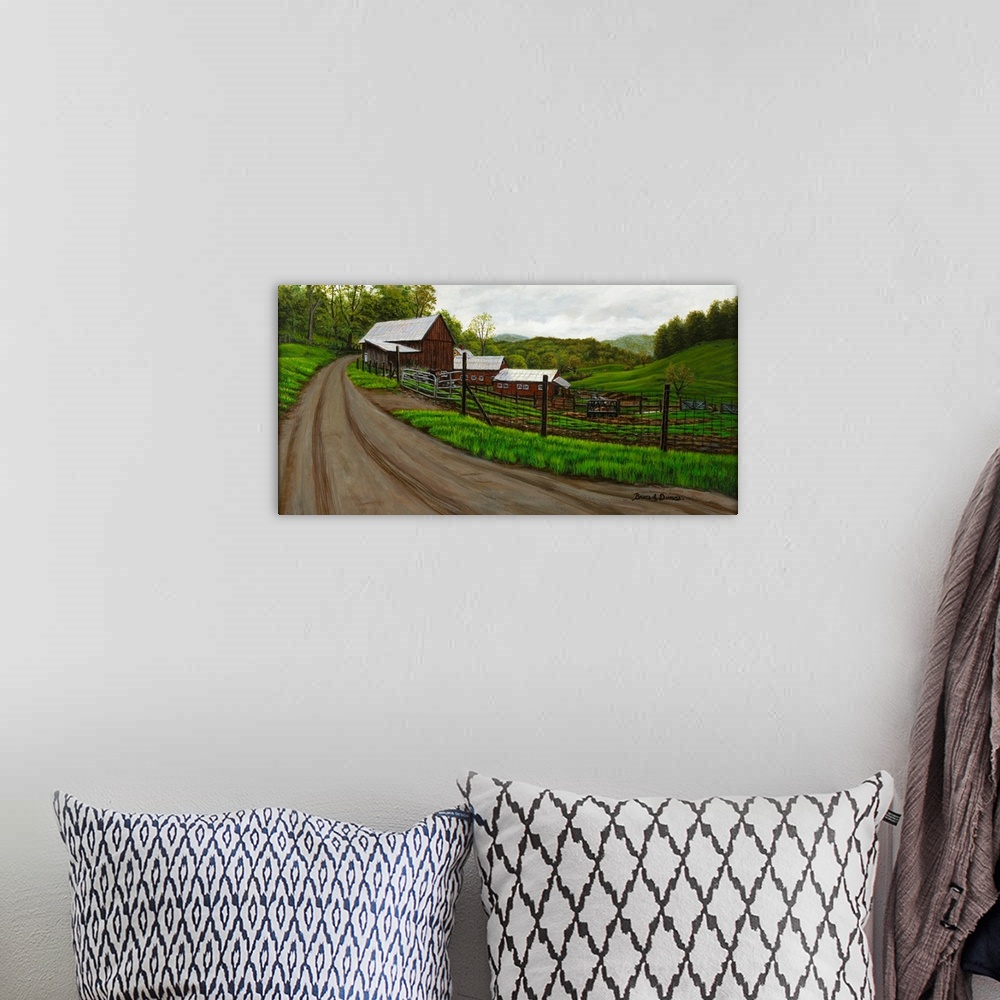 A bohemian room featuring Contemporary painting of a dirt road leading to a barn