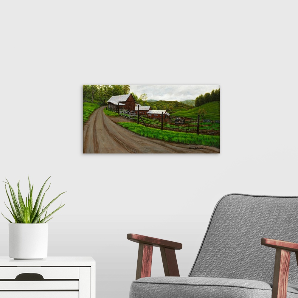 A modern room featuring Contemporary painting of a dirt road leading to a barn