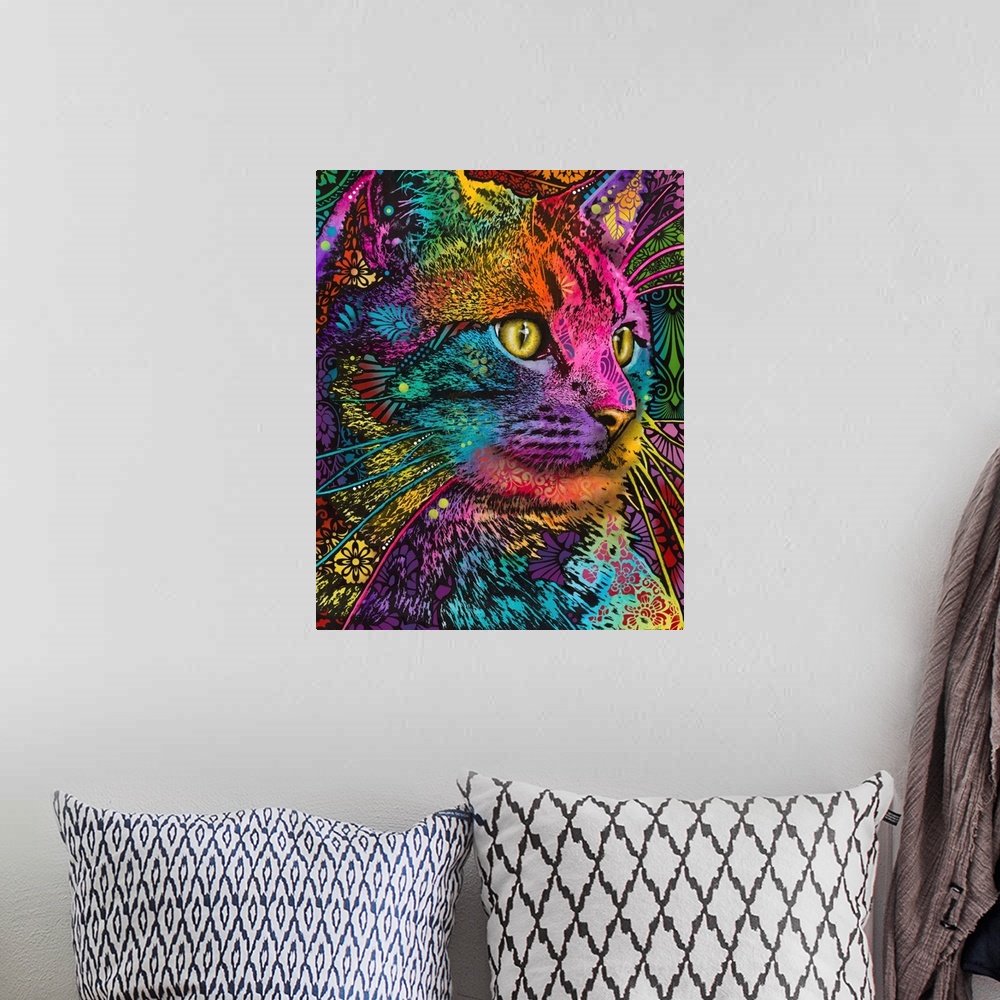 A bohemian room featuring Vibrant illustration of a cat looking off to the side with bright yellow eyes and intricate desig...