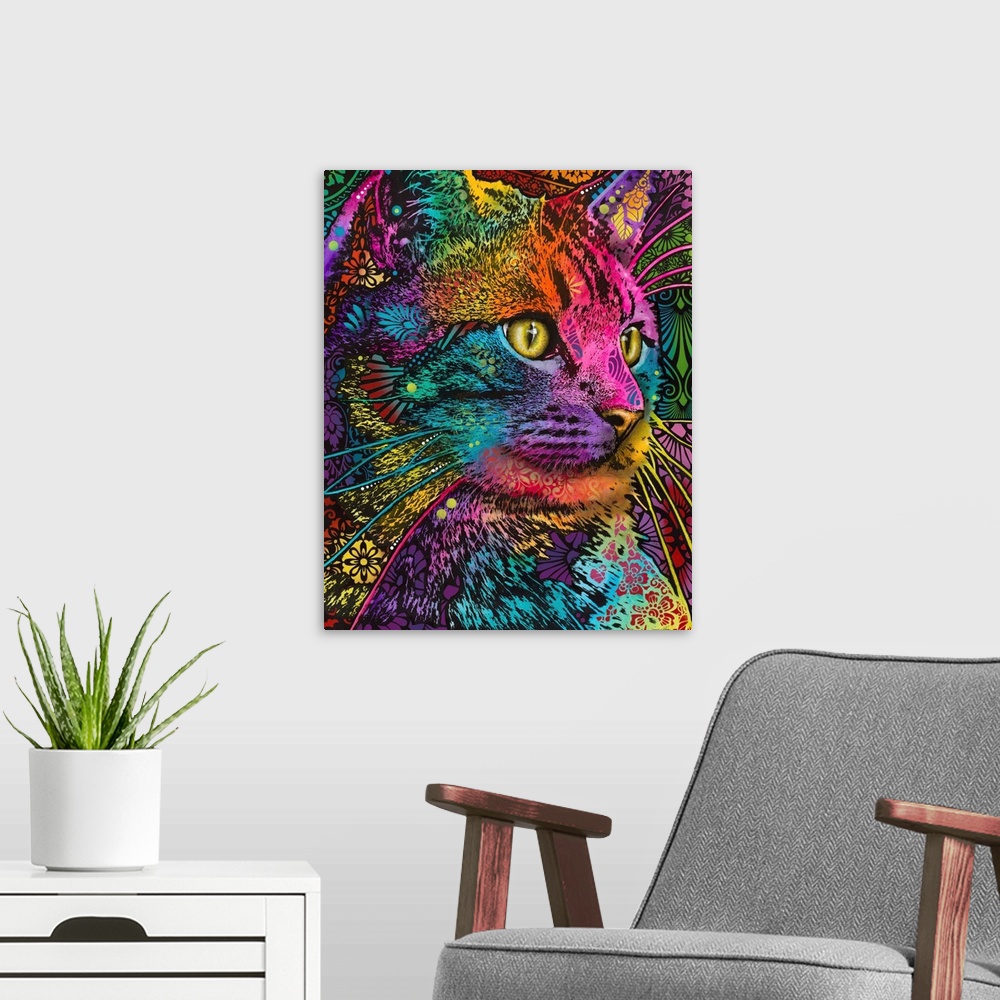 A modern room featuring Vibrant illustration of a cat looking off to the side with bright yellow eyes and intricate desig...