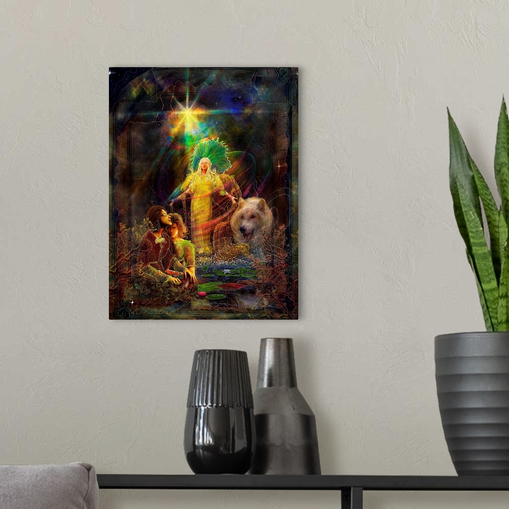 A modern room featuring Goddess of light, appearing before a woman in prayer