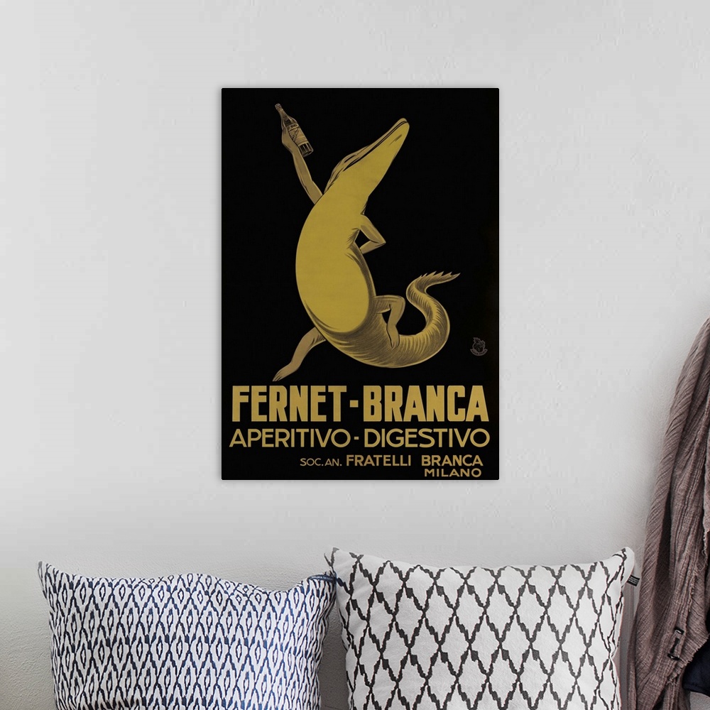 A bohemian room featuring Vintage advertisement artwork for Fernet Branca.