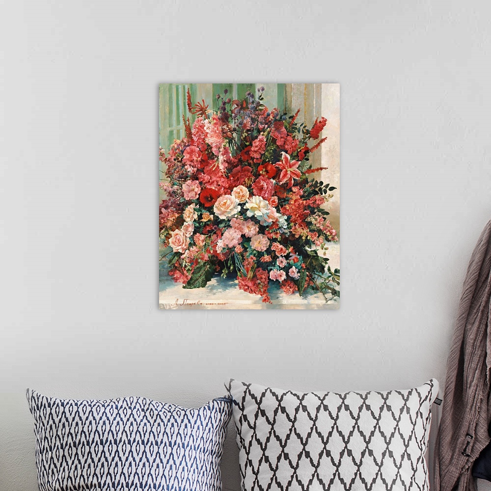 A bohemian room featuring Contemporary painting of a warm and inviting bouquet of flowers in red tones.