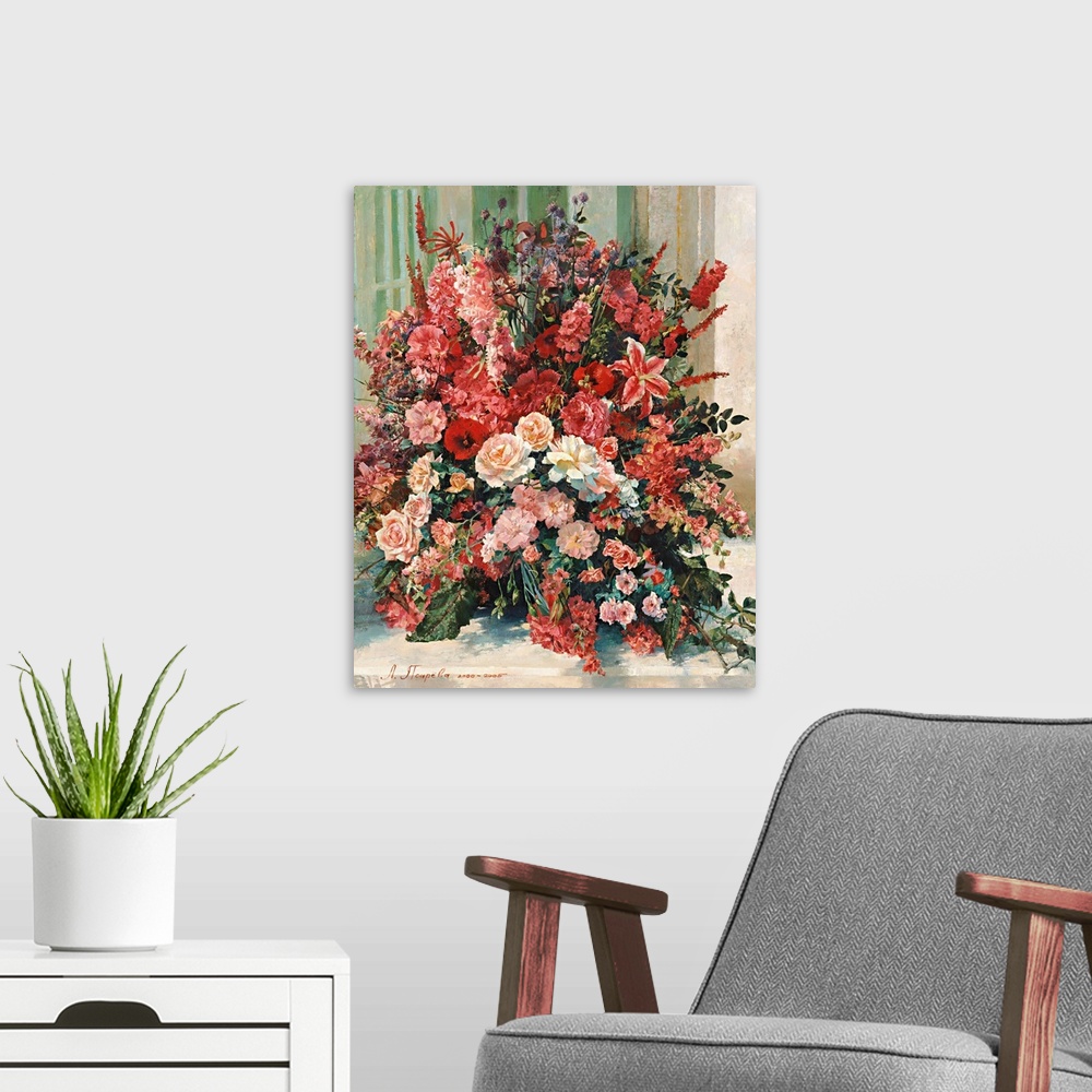 A modern room featuring Contemporary painting of a warm and inviting bouquet of flowers in red tones.