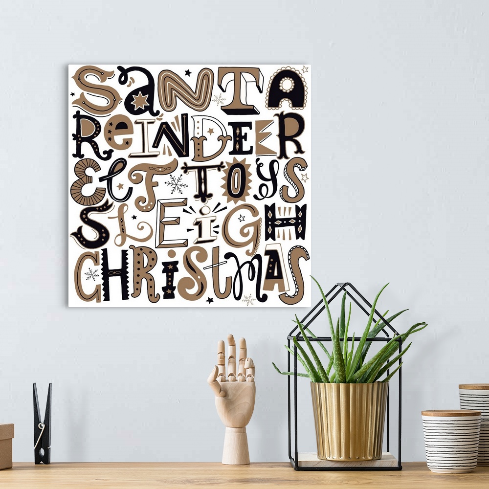 A bohemian room featuring Holiday themed typography art with festive lettering against a white background.