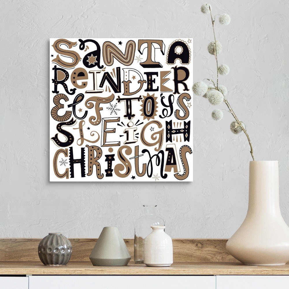 A farmhouse room featuring Holiday themed typography art with festive lettering against a white background.