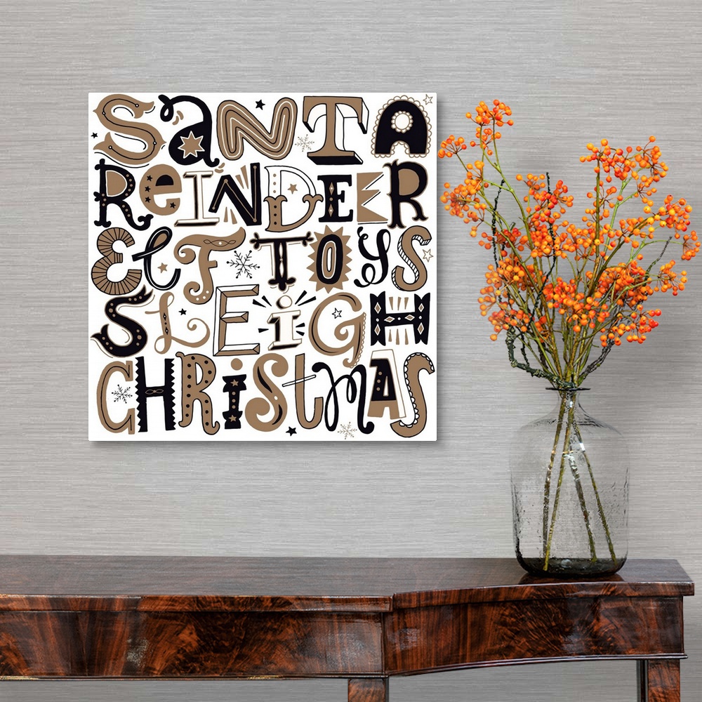 A traditional room featuring Holiday themed typography art with festive lettering against a white background.