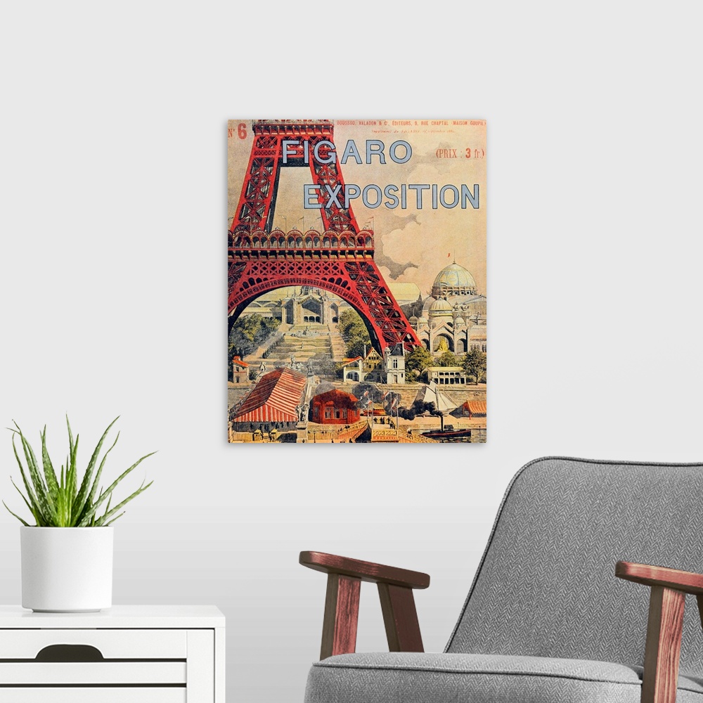 A modern room featuring Vintage poster advertisement for Figaro Expo.