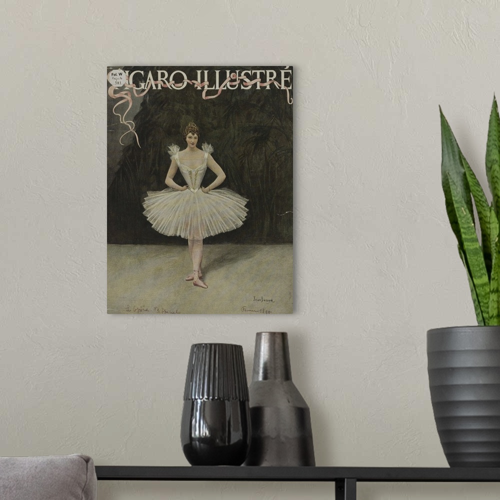 A modern room featuring Vintage poster advertisement for Figaro Illustre Ballerina.