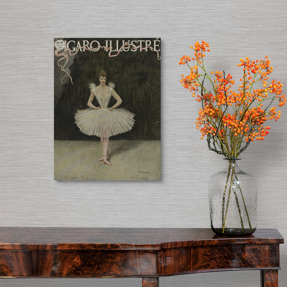 A traditional room featuring Vintage poster advertisement for Figaro Illustre Ballerina.