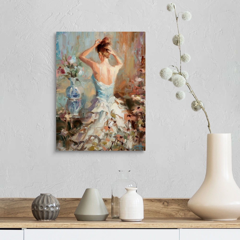 A farmhouse room featuring A contemporary piece of artwork of the back side of a woman in a white dress who is putting up he...