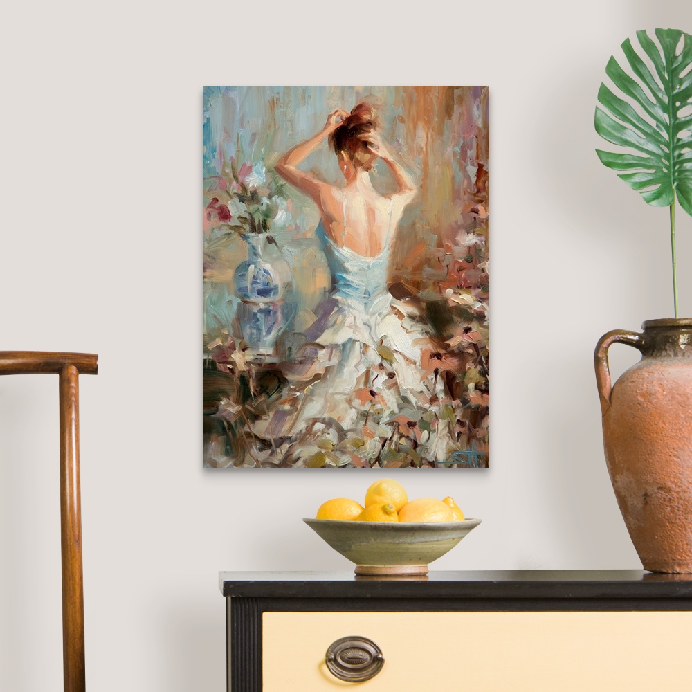 A traditional room featuring A contemporary piece of artwork of the back side of a woman in a white dress who is putting up he...
