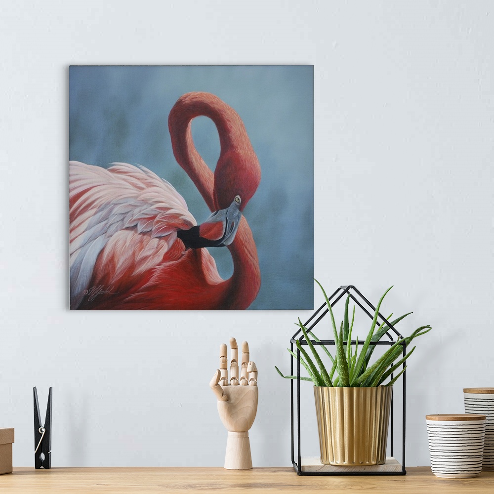 A bohemian room featuring A portrait of a pink flamingo