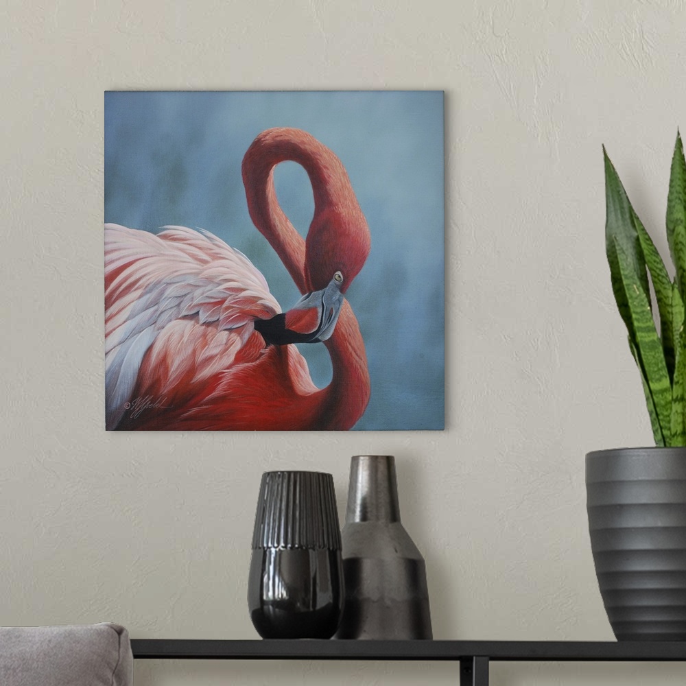 A modern room featuring A portrait of a pink flamingo
