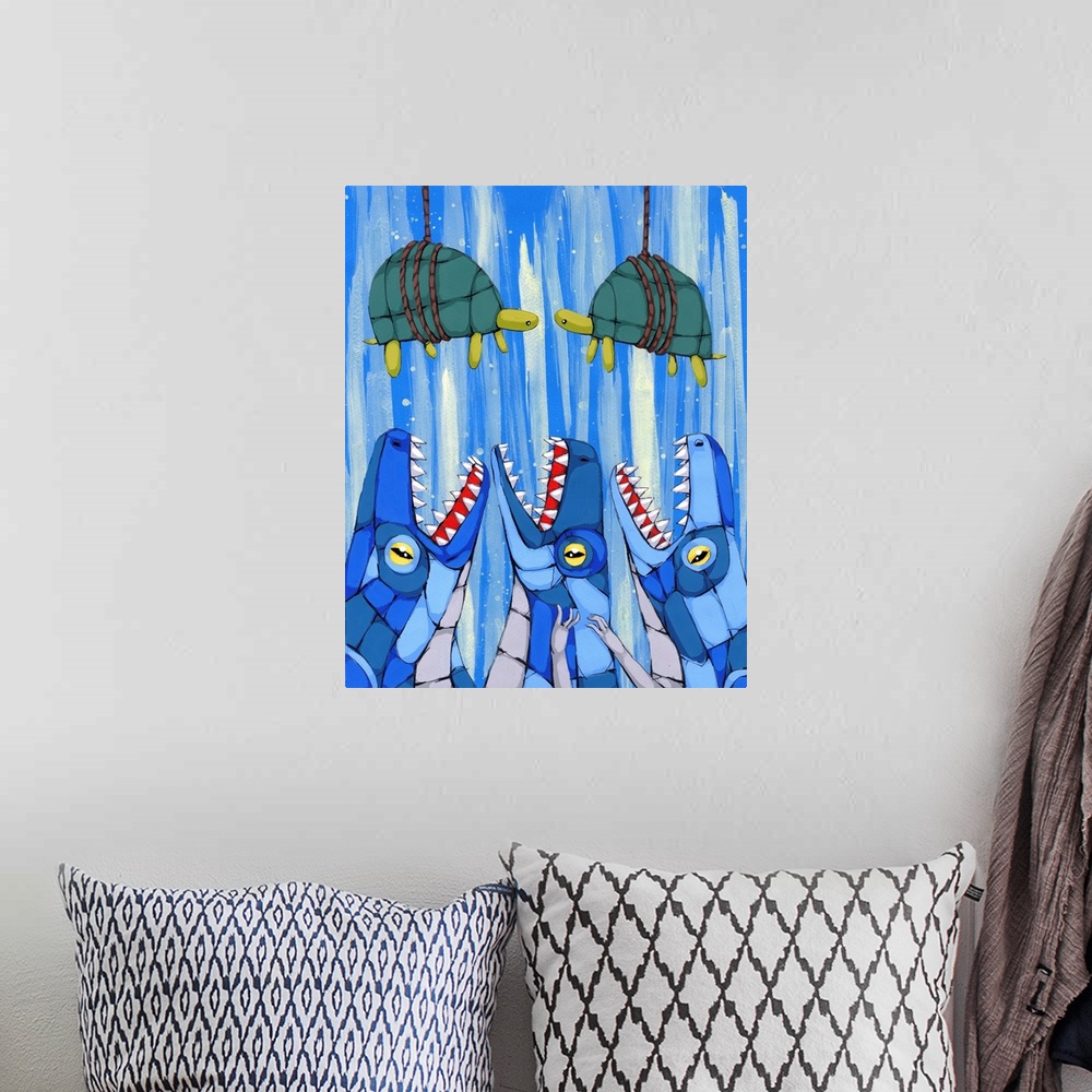 A bohemian room featuring Painting of two turtles attached to ropes hanging above three blue crocodiles, all created with g...