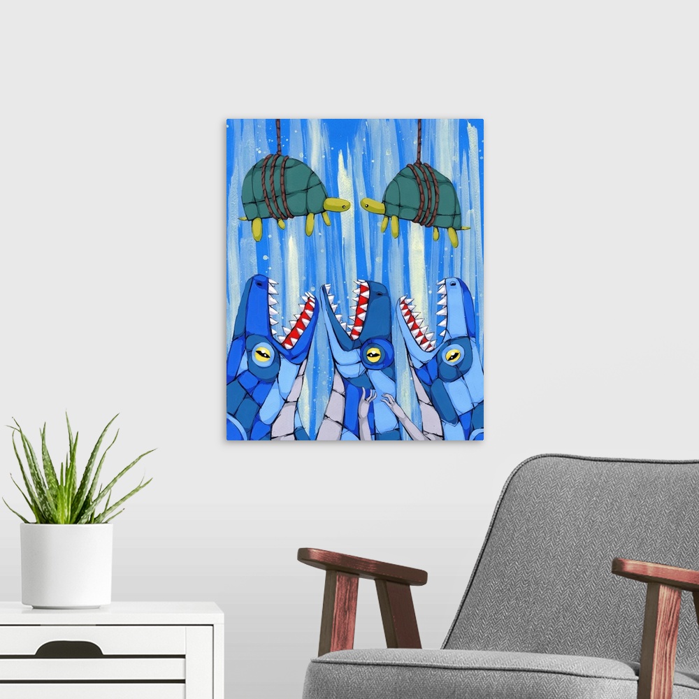 A modern room featuring Painting of two turtles attached to ropes hanging above three blue crocodiles, all created with g...