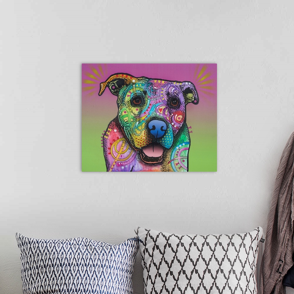 A bohemian room featuring Pop art style painting of a pit bull with abstract designs and different colors on a purple and g...