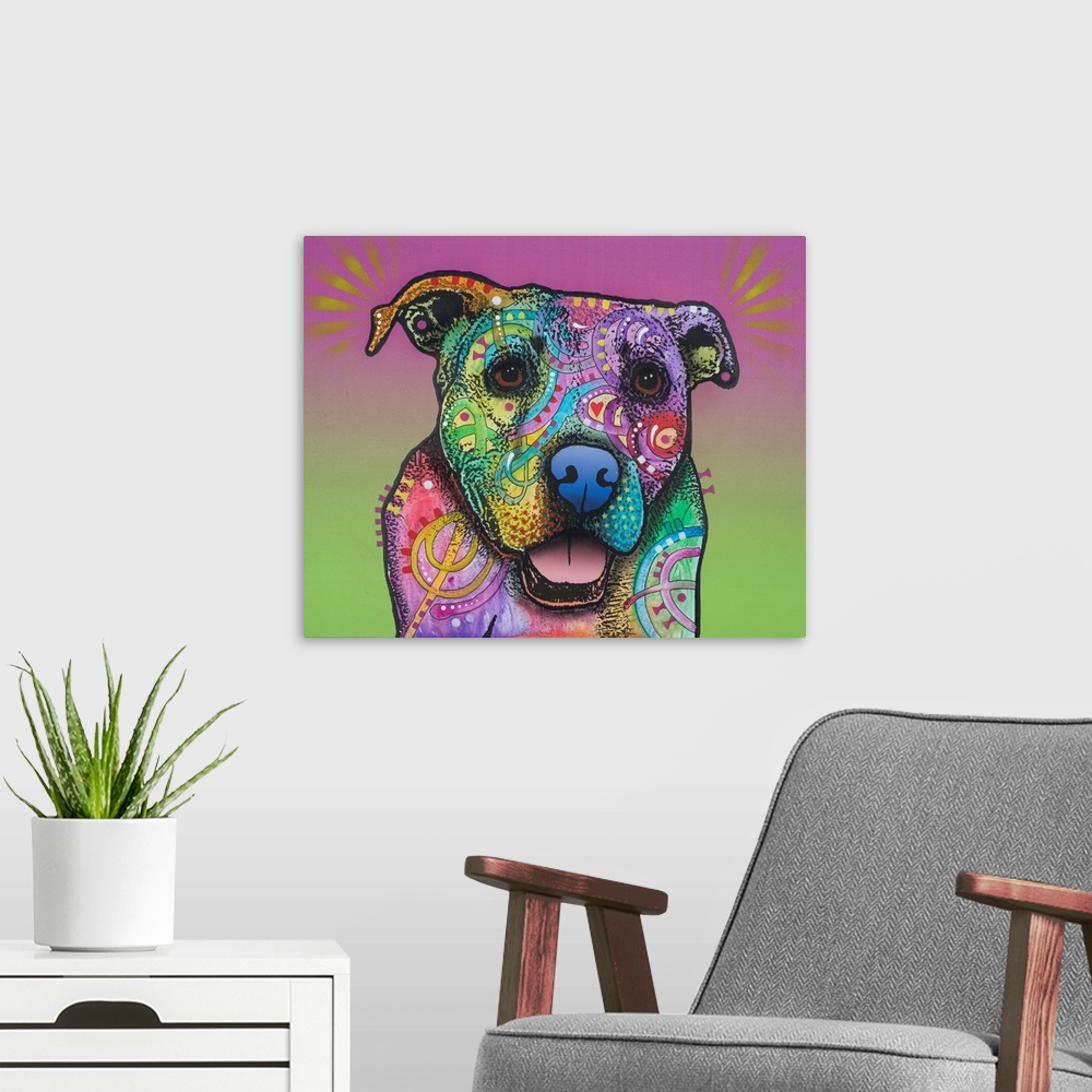 A modern room featuring Pop art style painting of a pit bull with abstract designs and different colors on a purple and g...