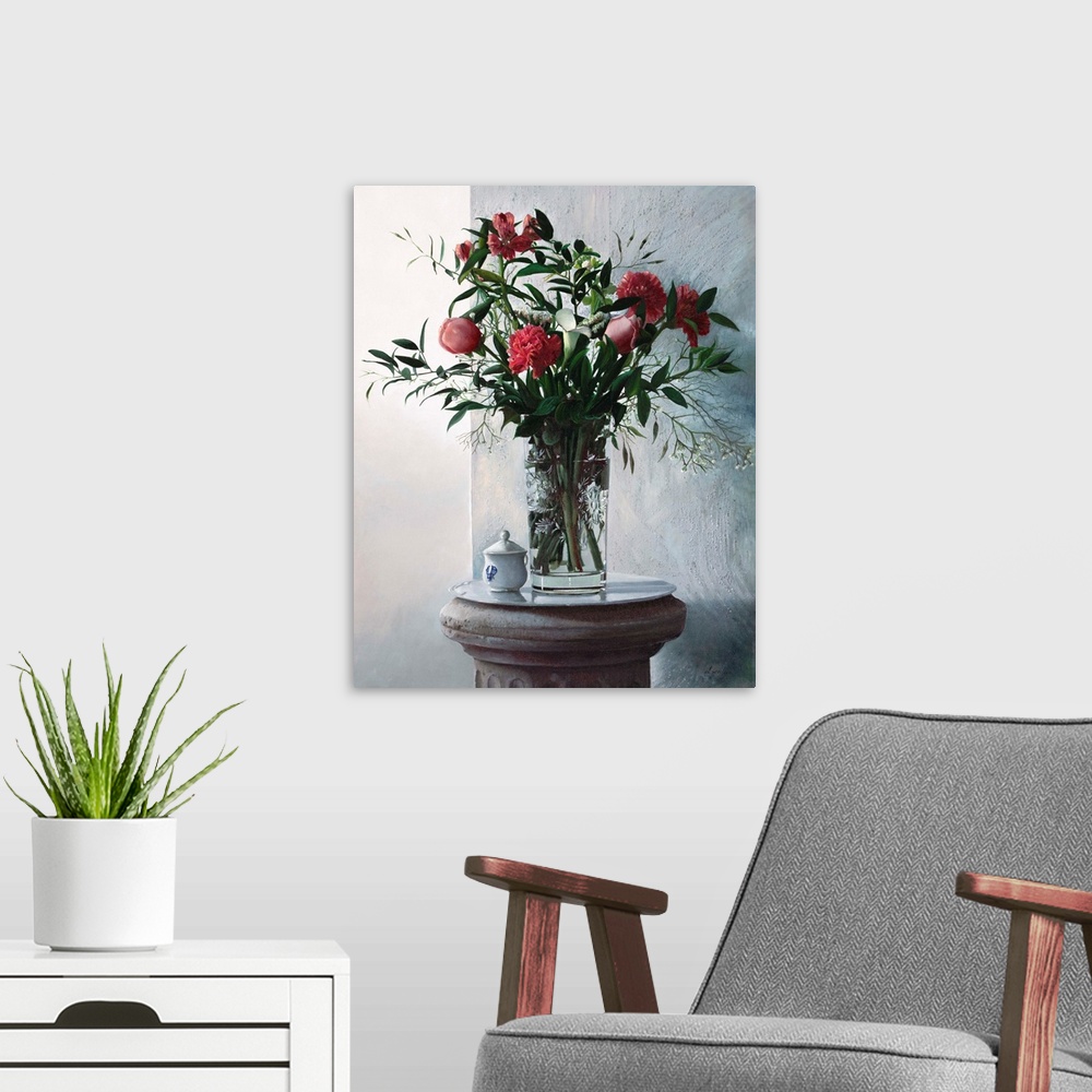 A modern room featuring Contemporary still life painting of a tall vase holding irises, carnations, and gerberas.