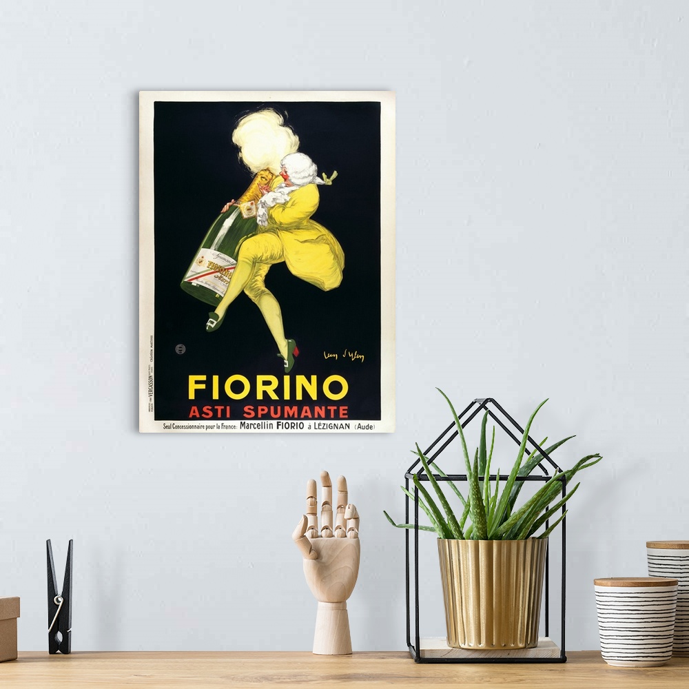 A bohemian room featuring Vintage poster of a man as he hugs and dances with a life size bottle of wine.