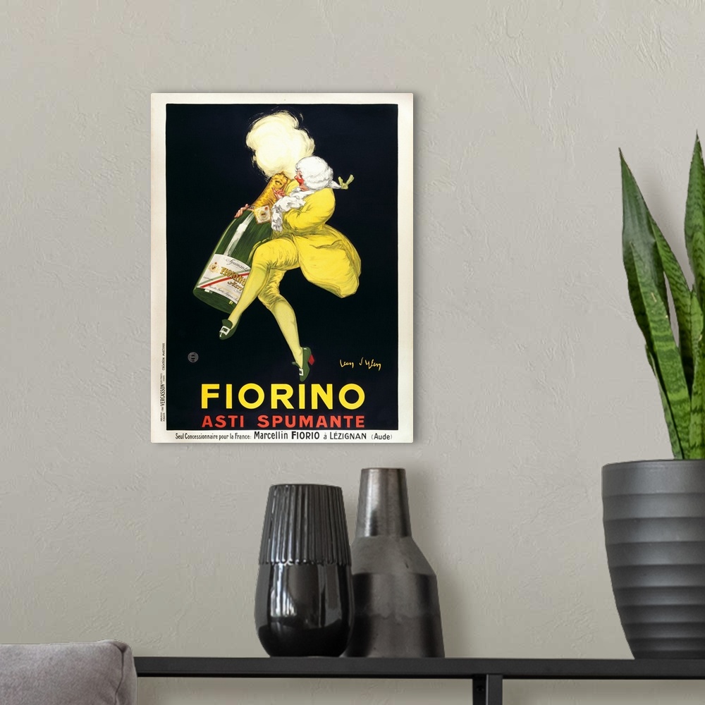 A modern room featuring Vintage poster of a man as he hugs and dances with a life size bottle of wine.
