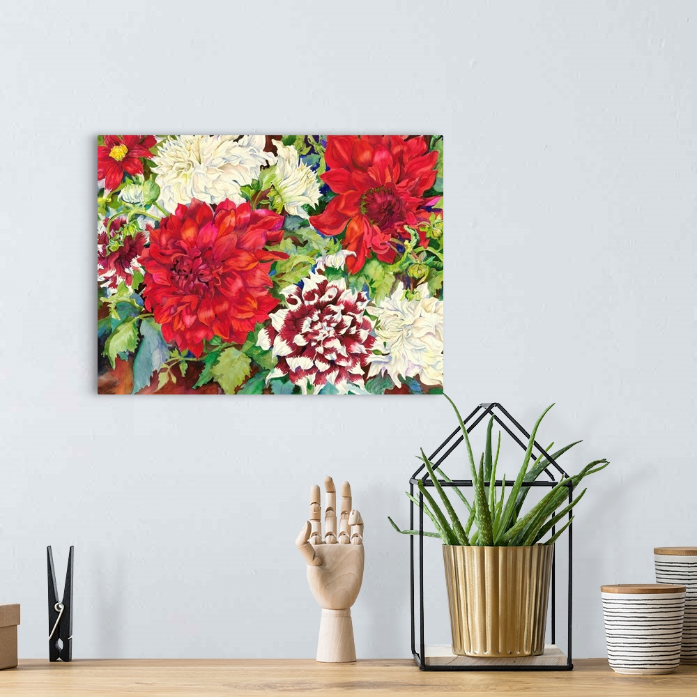 A bohemian room featuring Colorful contemporary painting of red and white dahlias.