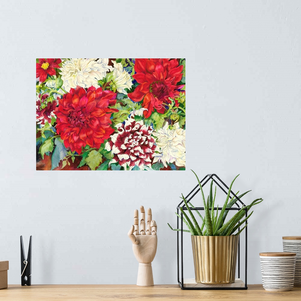 A bohemian room featuring Colorful contemporary painting of red and white dahlias.