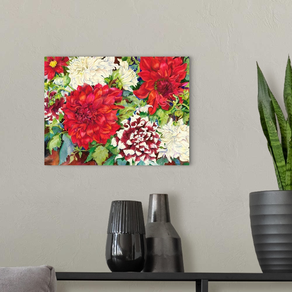 A modern room featuring Colorful contemporary painting of red and white dahlias.