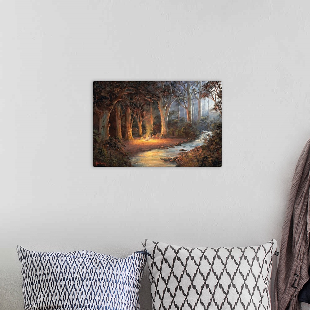 A bohemian room featuring Contemporary painting of people camping in a forest at night.