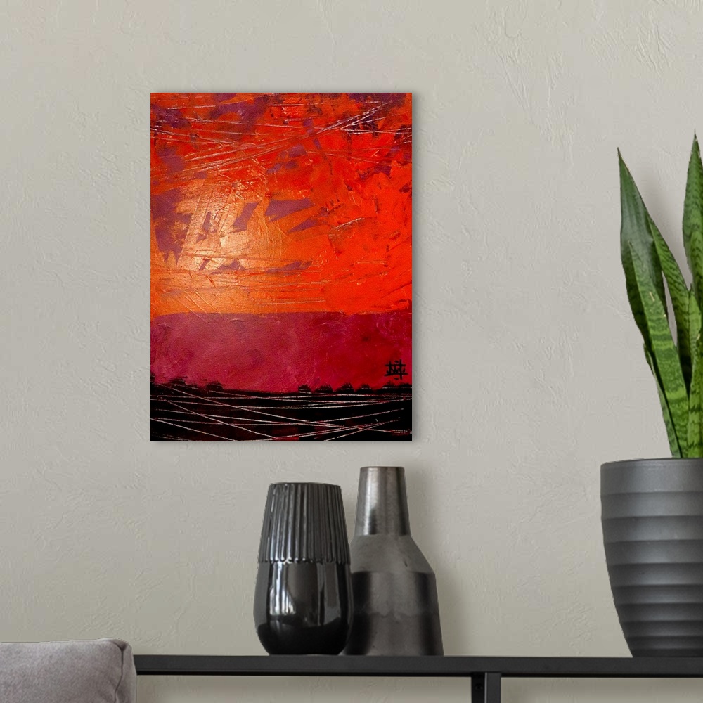 A modern room featuring Contemporary abstract artwork using dark colors.