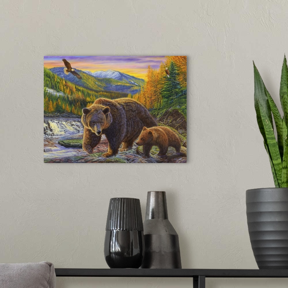 A modern room featuring mama and baby bear walking along a river