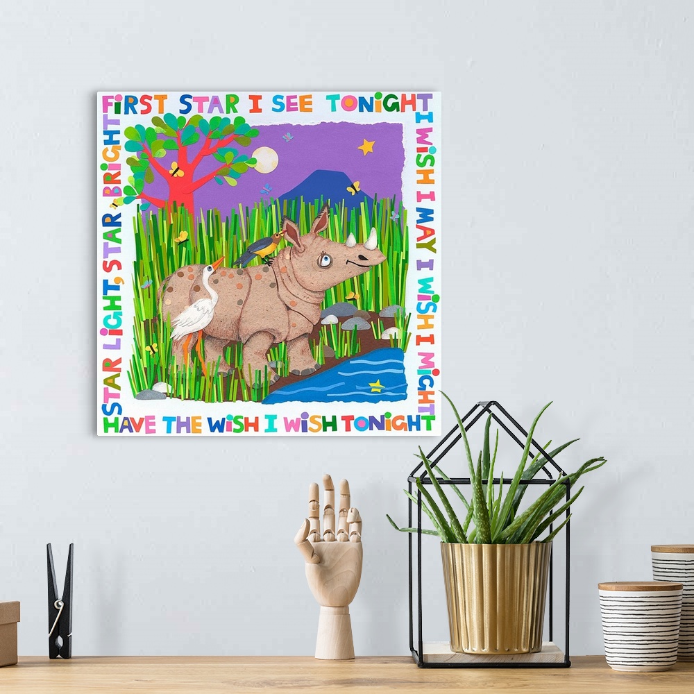A bohemian room featuring A rhinoceros and a stork looking at the stars with a nursery rhyme around the border.