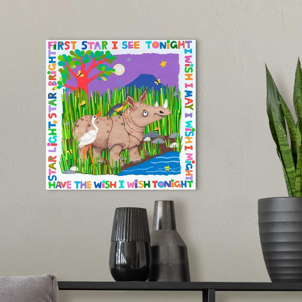 A modern room featuring A rhinoceros and a stork looking at the stars with a nursery rhyme around the border.