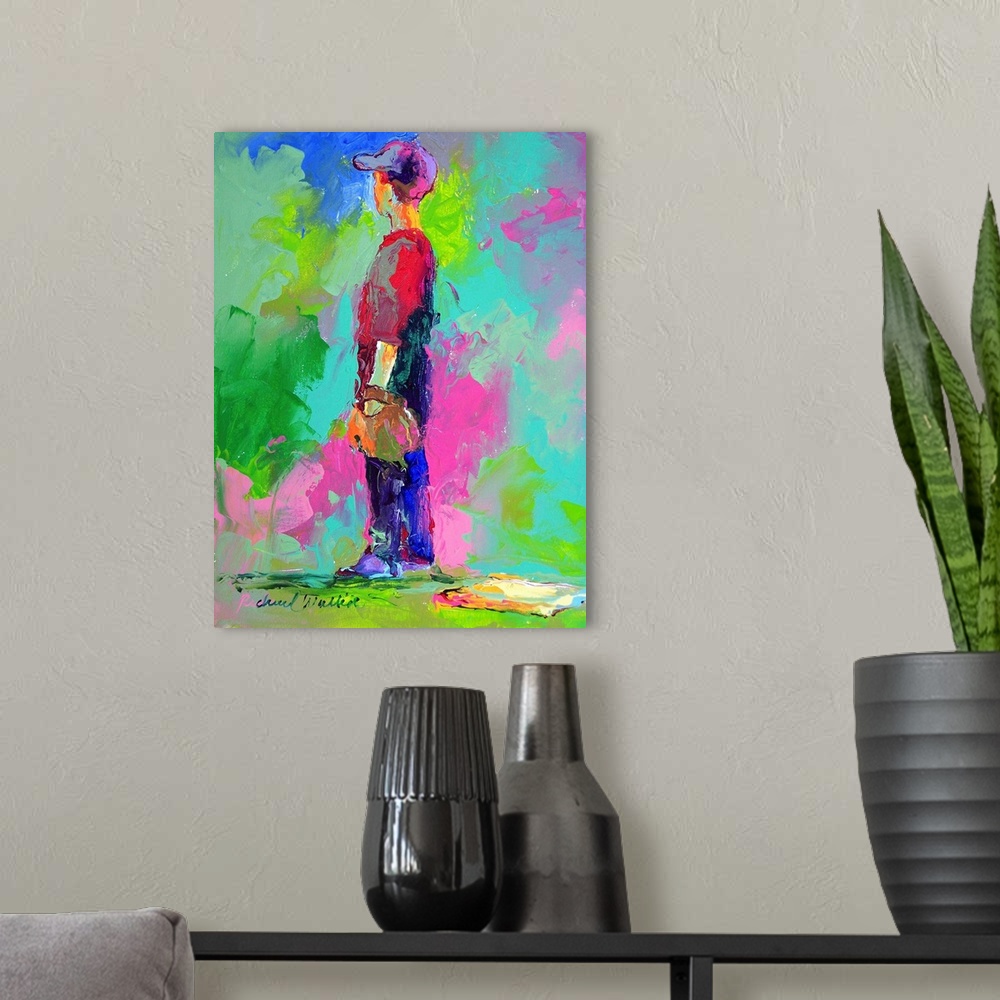 A modern room featuring Contemporary vibrant colorful painting of a boy waiting at first base.