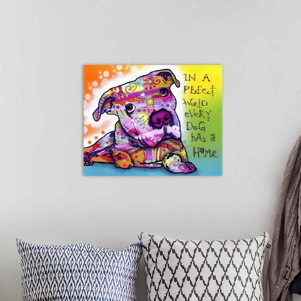 A bohemian room featuring Contemporary stencil painting of a dog filled with various colors and patterns and text, "In a pe...