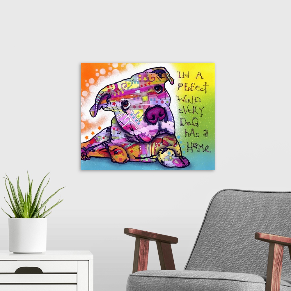 A modern room featuring Contemporary stencil painting of a dog filled with various colors and patterns and text, "In a pe...