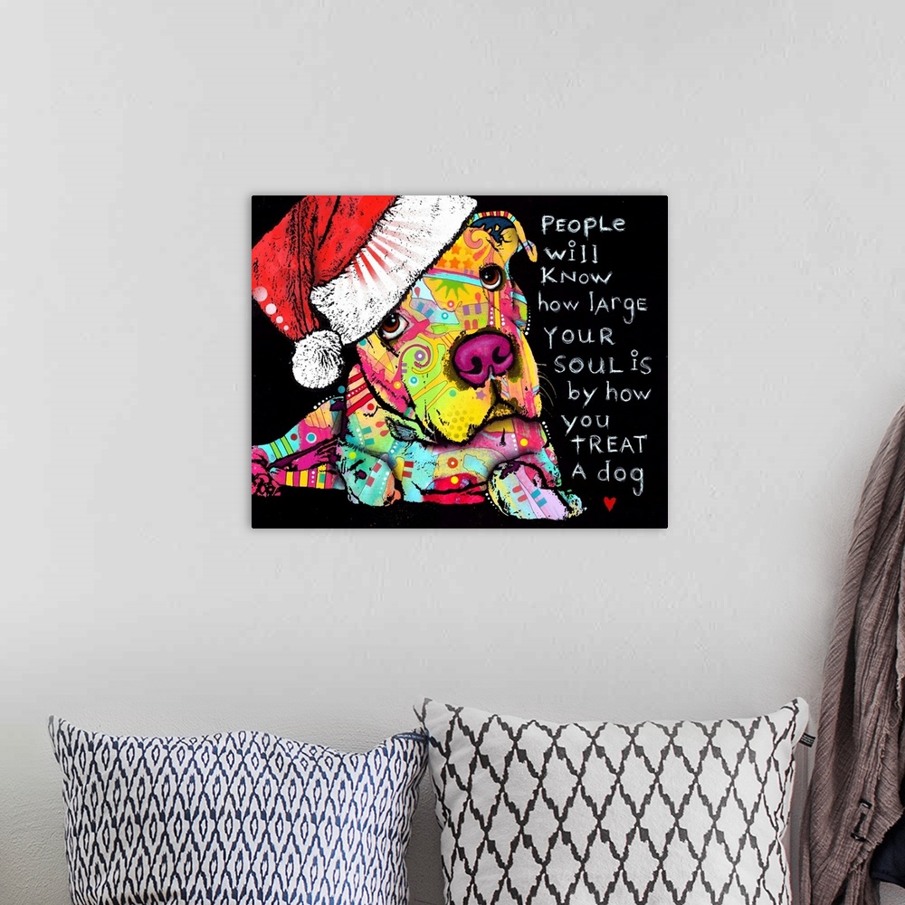 A bohemian room featuring Cute painting of a colorful dog with abstract designs wearing a Christmas hat and the phrase "Peo...
