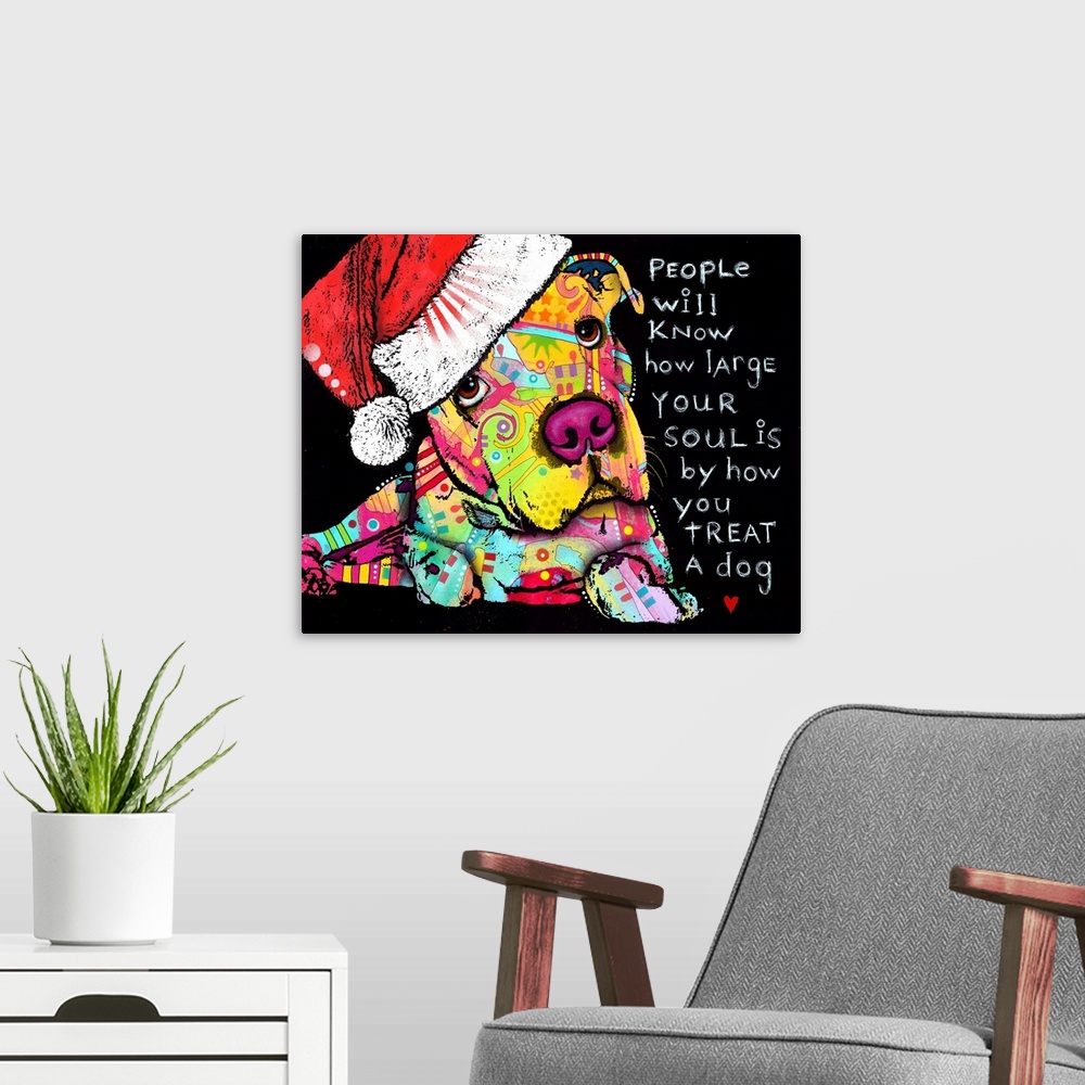 A modern room featuring Cute painting of a colorful dog with abstract designs wearing a Christmas hat and the phrase "Peo...